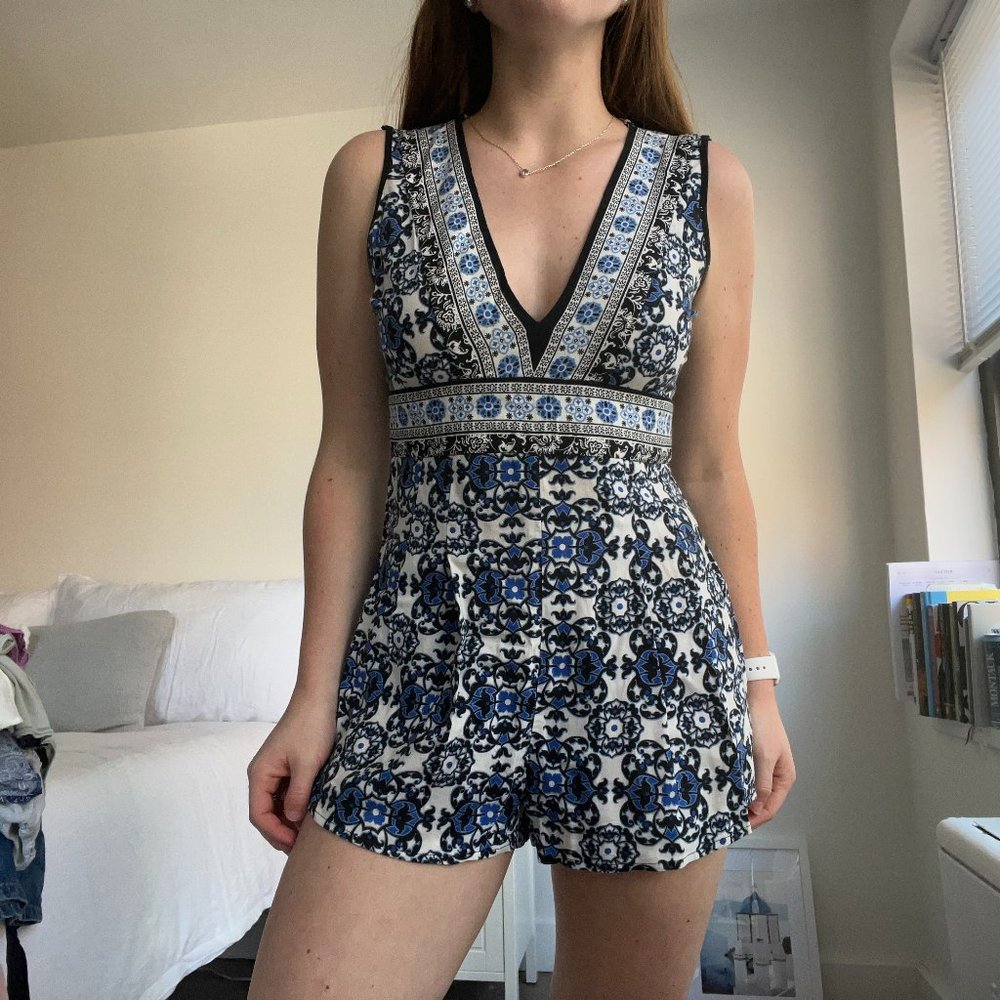 Blue Patterned V Neck Romper